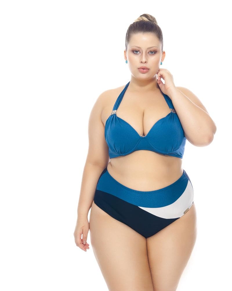 Front of a model wearing a size 22 Bikini Top With Padded Cups And Metal Detailing in Galaxy by Lehona. | dia_product_style_image_id:267494